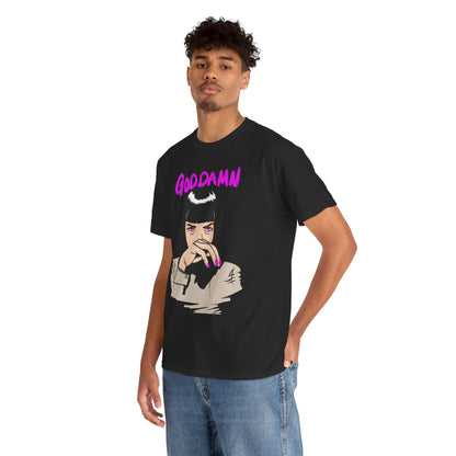 Elegant model showcasing a unisex black graphic T-shirt depicting a stylised illustration of Mia Wallace from 'Pulp Fiction' with bold pink lettering 'GOOD DAMN'.
