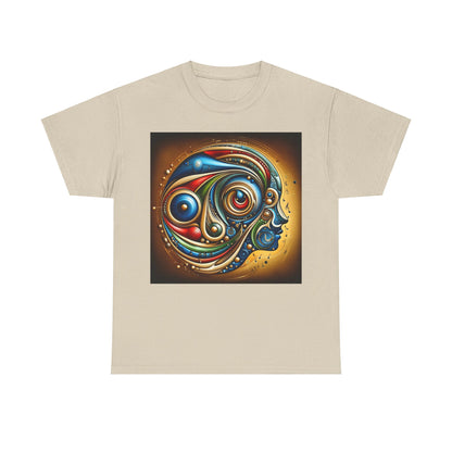 Stained Glass Dreams Unisex T-Shirt featuring a vibrant abstract design with intricate details of a human face and a rich colour palette, ideal for stylish self-expression.