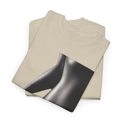 Elegant beige cotton t-shirt featuring a striking black and white graphic of a woman's torso, accentuating sensuality with a minimalist design.