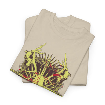 Stacked view of two men's light beige t-shirts featuring a striking artistic skull design with antlers, ideal for a luxurious casual wardrobe.