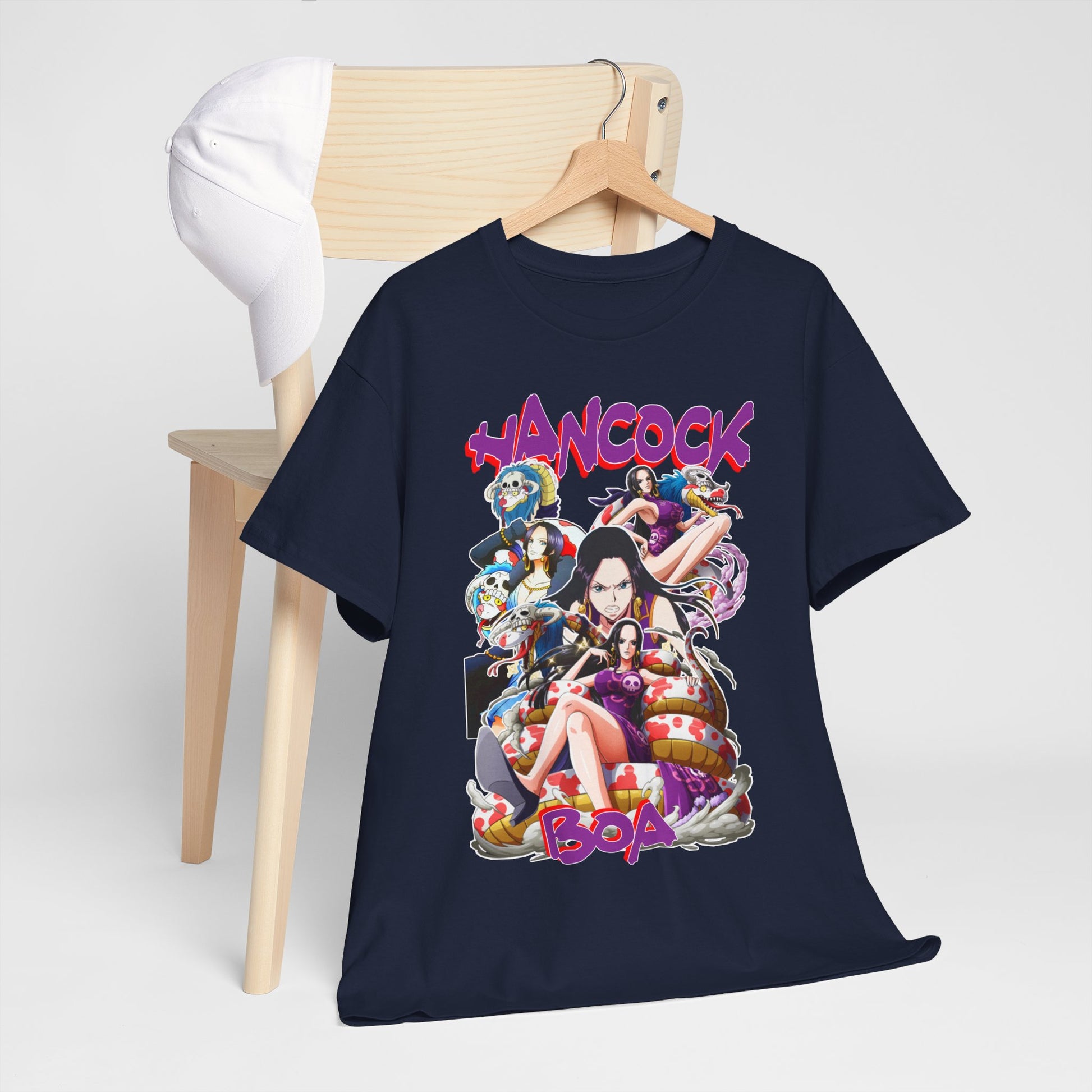 Chic Boa Hancock T-shirt paired with a white cap, showcasing vibrant anime artistry, perfect for casual wear or special outings, designed for anime lovers with a taste for style.