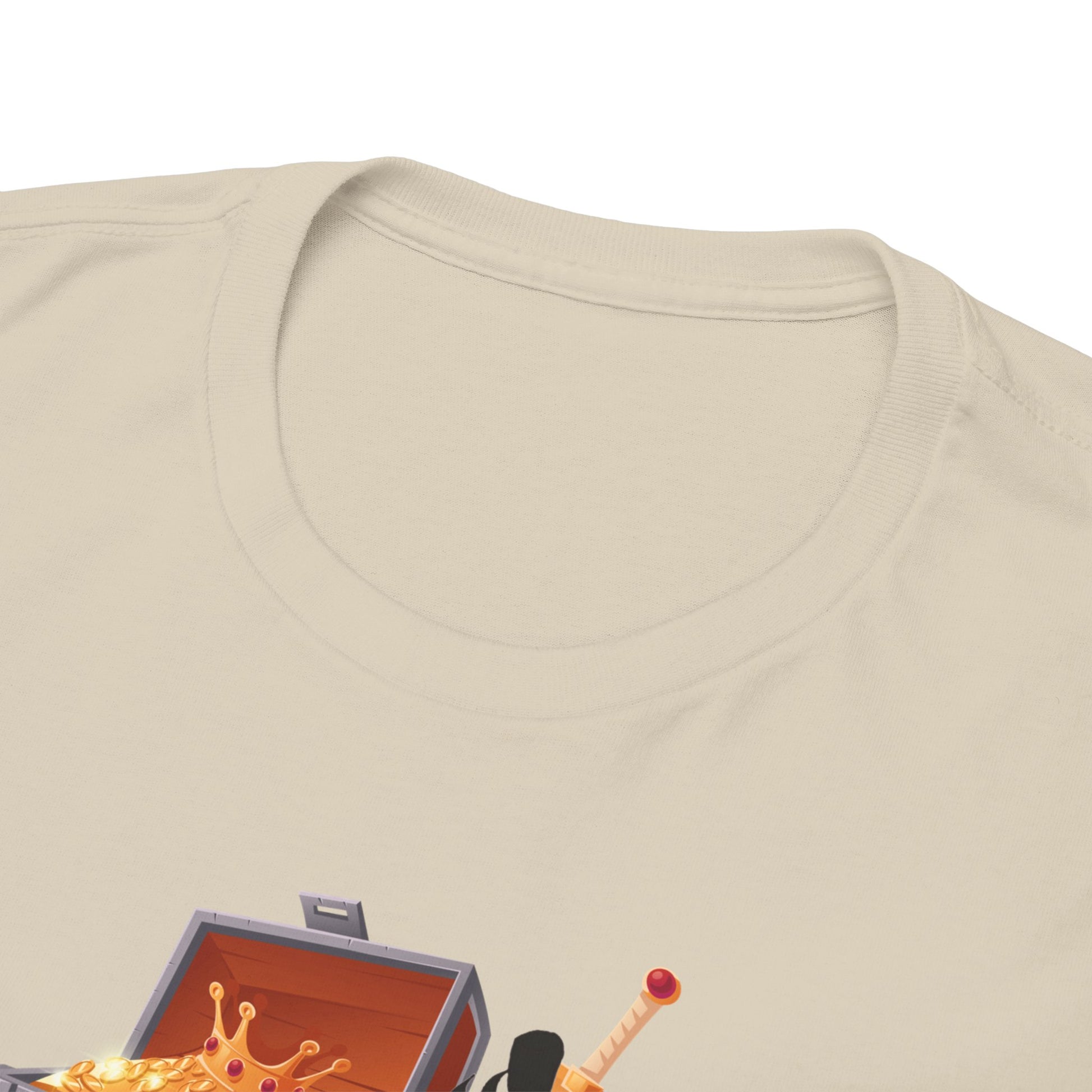 Close-up detail of a beige t-shirt's neckline, highlighting the premium fabric and the intricate One Piece-themed artwork.