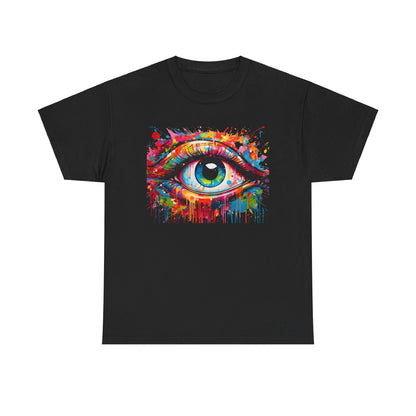 Luxurious unisex black t-shirt featuring vibrant 'Visionary Drip' graphic art of a captivating eye with a splash of vivid colours, ideal for artistic expression.