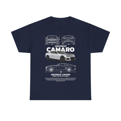 Men's exclusive Chevrolet Camaro technical drawing t-shirt in navy blue, showcasing elegant design and automotive artistry for discerning fans.