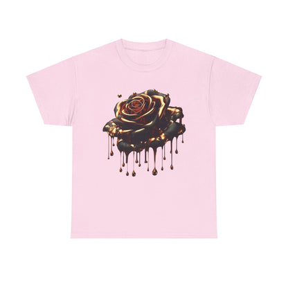 Close-Up Abstract Rose Unisex Cotton Tee Graphic T Shirt in an elegant pastel pink, showcasing a stunning abstract rose design with dripping bronze elements, perfect for adding a touch of luxury to your wardrobe.