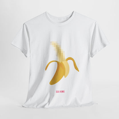 Luxury graphic t-shirt featuring a whimsical pixelated yellow banana design with the text 'SEX KING' in vibrant pink, symbolising playful creativity and humour.