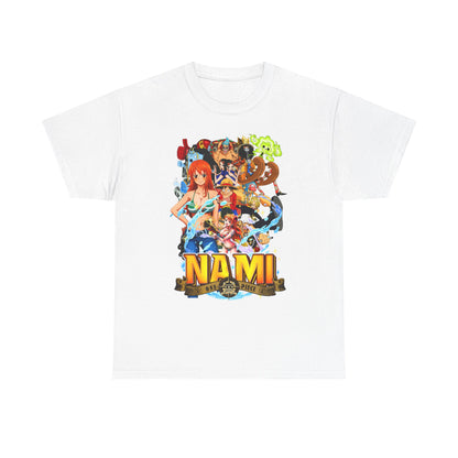 Exquisite white men's t-shirt featuring an intricate Nami graphic design from One Piece, showcasing vibrant colours and iconic characters against a backdrop of dynamic water splashes.