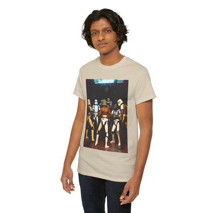 Stylish men's t-shirt adorned with a detailed Stormtrooper graphic, executed in refined artistry, ideal for fans of the Star Wars franchise, displayed against a neutral background.