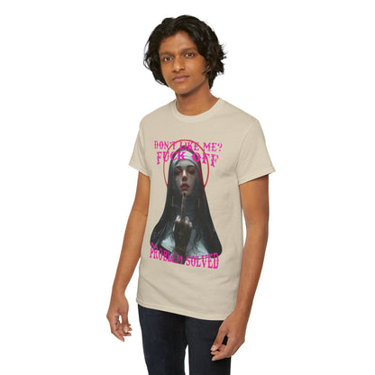 Stylish male model displaying a cream-coloured T-shirt embellished with a captivating nun graphic and audacious pink lettering, symbolising modern rebellion.