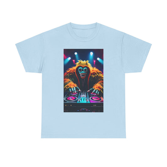 Street Monster Graphic T-Shirt in light blue showcasing a bold, artistic DJ monster graphic, ideal for stylish street fashion.