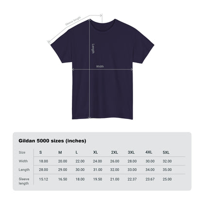 Detailed size chart for a classic navy blue graphic t-shirt, illustrating measurements and dimensions for a tailored fit, perfect for discerning shoppers.