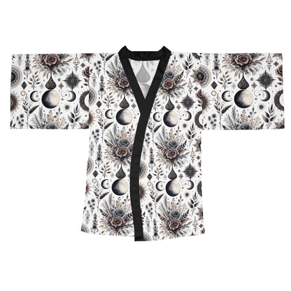 Exquisite Floral Kimono Robe displayed flat, highlighting its elegant floral print and black trim, perfect for women seeking luxurious loungewear.