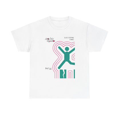 Stylish unisex white t-shirt with a chic 'Squid Game' design, presenting the 'Glass Stepping Stones' motif in modern graphic art, ideal for fashion enthusiasts.