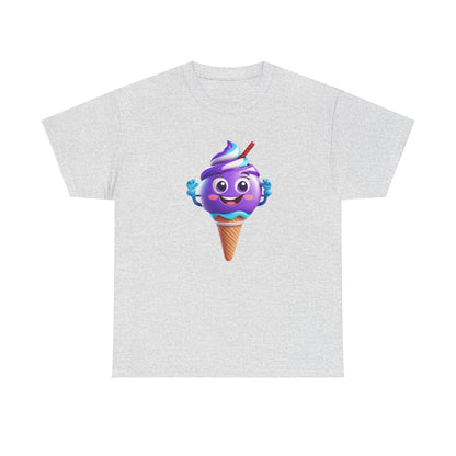 Scoop of Joy: Cartoon Ice Cream Cone Character Tee in sophisticated grey cotton, highlighting a delightful ice cream personality that brings a playful elegance to your wardrobe.