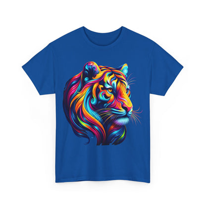 Front view of a stylish blue unisex t-shirt showcasing the vibrant 'Tiger's Whimsy' graphic design with intricately rendered tiger artwork.