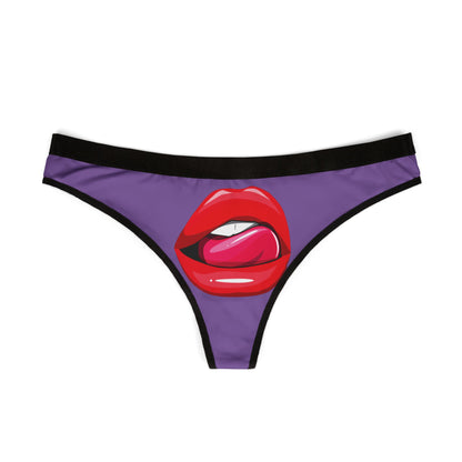 Luxury women's thong featuring a playful graphic of luscious red lips and a pink tongue on a vibrant purple background, perfect for cheeky gifting.