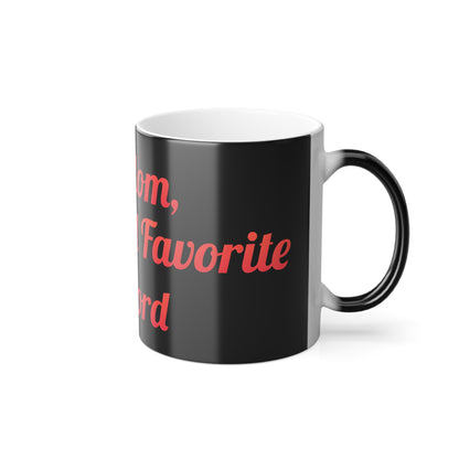 Artistic angle of the 'My Second Favorite F-Word' Colour Morphing Mug, accentuating its elegant black finish and stylish handle, making it a statement piece for any luxury kitchen.