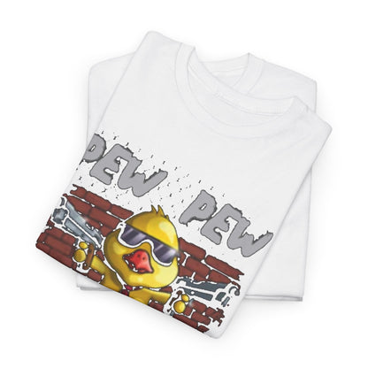 Chic stack of white t-shirts featuring a bold gangster chicken design with accessories, suitable for casual wear and unique gifting.