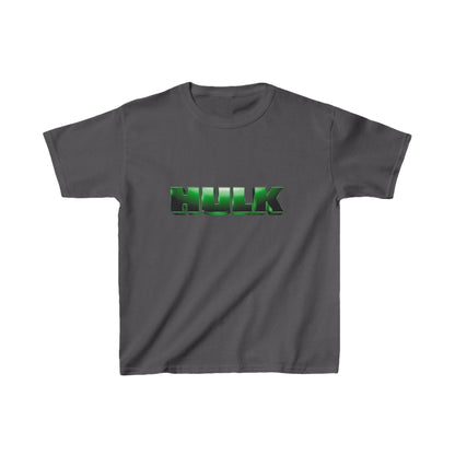 Kids Incredible Hulk Heavy Cotton T-Shirt featuring a vibrant green 'HULK' logo on a charcoal grey fabric, perfect for young superheroes.