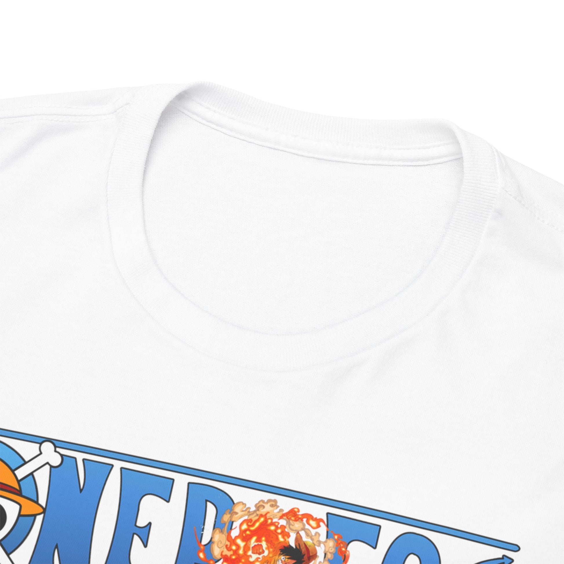 Close-up of a luxurious white t-shirt collar with graphic art of Monkey D. Luffy, highlighting fine fabric quality and intricate design details.