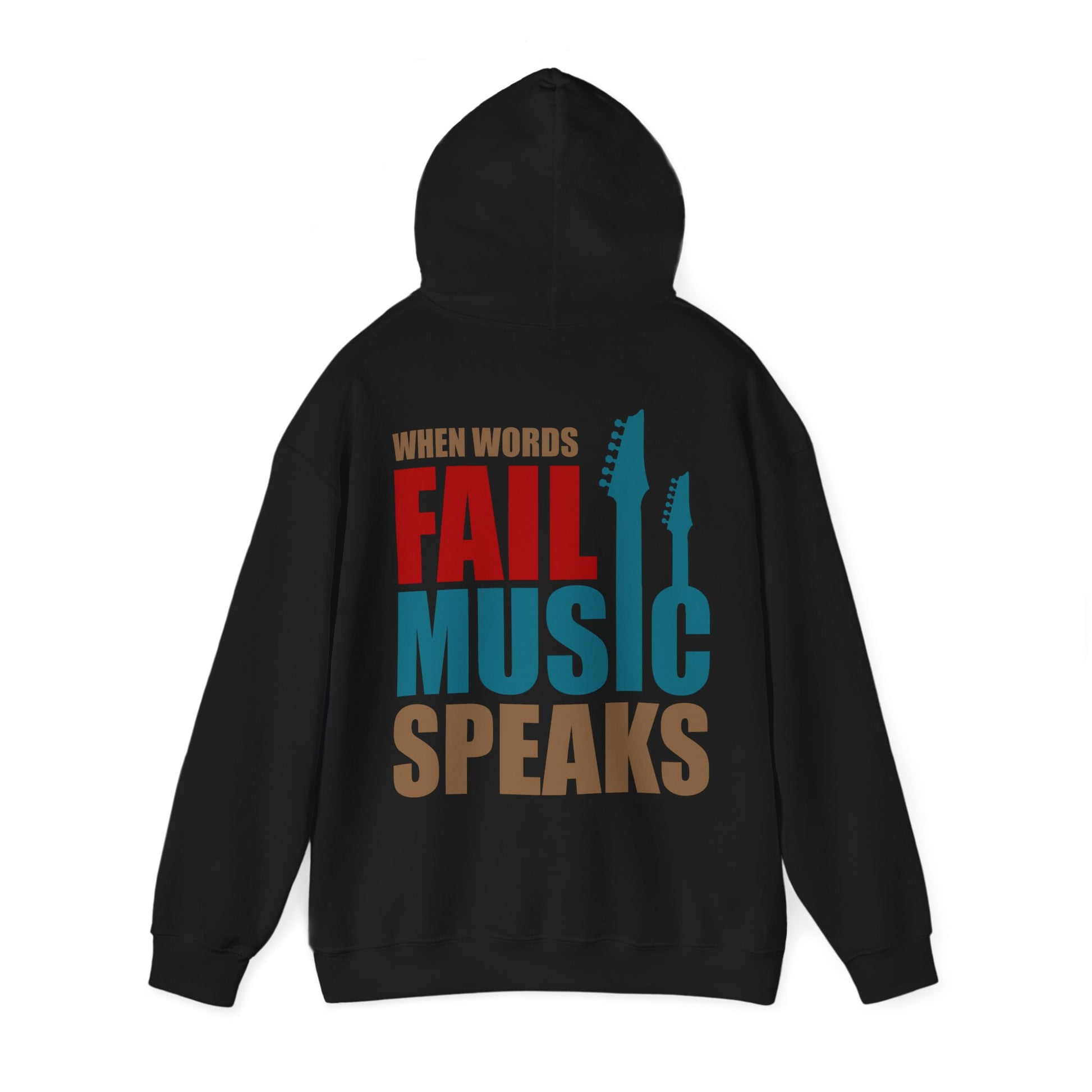 Stylish black hoodie featuring a bold back print of 'WHEN WORDS FAIL MUSIC SPEAKS', paired with artistic guitar neck silhouettes, ideal for expressing passion for music with luxury flair.