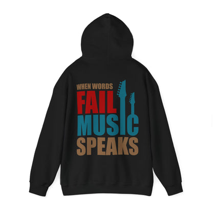 Stylish black hoodie featuring a bold back print of 'WHEN WORDS FAIL MUSIC SPEAKS', paired with artistic guitar neck silhouettes, ideal for expressing passion for music with luxury flair.