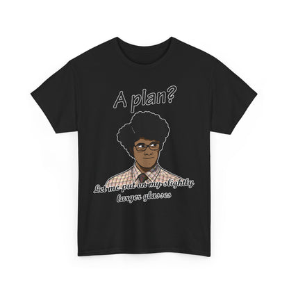 Moss The IT Crowd Bigger Glasses unisex graphic T-shirt featuring a whimsical design of Moss in glasses, complemented by the phrases 'A plan?' and 'Let me put on my slightly larger glasses'. An essential piece for every The IT Crowd enthusiast.