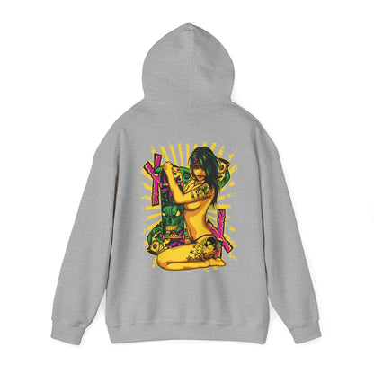 Back view of a chic grey hoodie adorned with a striking pop art design of a tattooed woman, perfect for adding an edgy touch to casual wear.