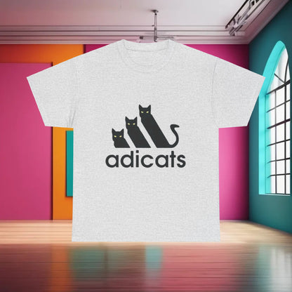 Chic Adicats Logo Graphic T-Shirt displaying a striking graphic with three black cats, designed for comfort and style in urban streetwear.