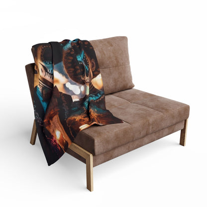 Decorative and Warm Halloween Dia Del Muerte Arctic Fleece Blanket draped stylishly over a chic sofa, enhancing the seasonal ambience.
