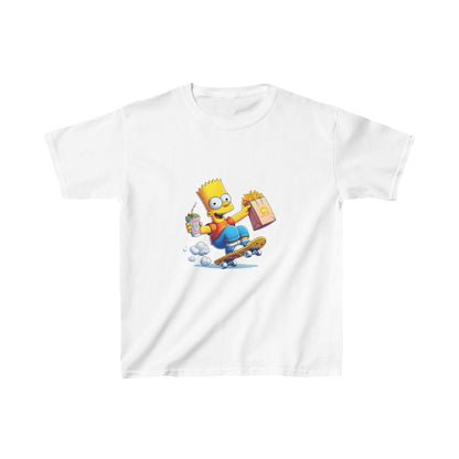 Unisex Kids Bart Simpson Cotton T Shirt Tee Youths Childs - White shirt showcasing Bart Simpson joyfully skateboarding, an iconic pop culture tribute.