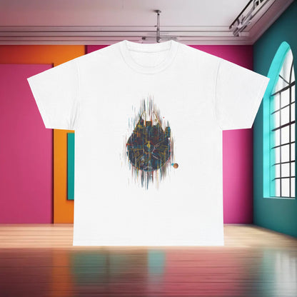 Millenium Falcon Abstract Art Graphic T-Shirt in classic white, elegantly displaying a captivating abstract design for a timeless look.