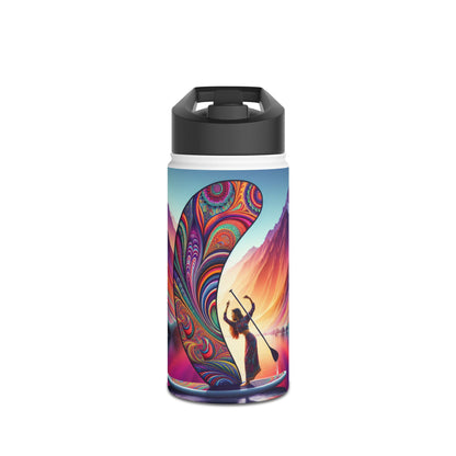 Fantasy Paddleboarding Stainless Steel Water Bottle featuring a vibrant design of a woman paddleboarding with a colorful, abstract wave, showcasing elegance and adventure.