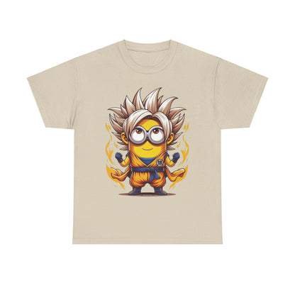Minion´s Dragon Ball Z Mashup Unisex Men´s Women´s Graphic T Shirt Tee featuring an adorable Minion dressed in an orange gi with spiky hair and flames in the background. This funny T Shirt captures a playful crossover for Minions fans.