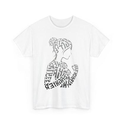 Front view of the Fighter Girl Graphic Unisex T-Shirt with artistic typography design symbolizing strength and femininity.
