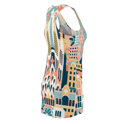 Adelina Beauvoir Barcelona Dress featuring a feminine racerback design with pastel patterns inspired by Gaudi's mosaics, capturing the essence of Barcelona's vibrant landmarks.