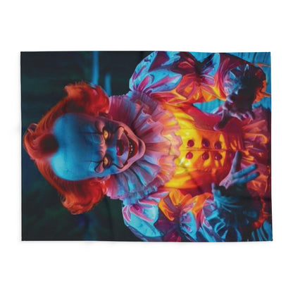 Luxurious Decorative and Warm Halloween Spooky Pennywise IT Arctic Fleece Blanket featuring a vibrant design of a clown in vivid colours, perfect for adding a touch of spooky elegance to your Halloween decor.