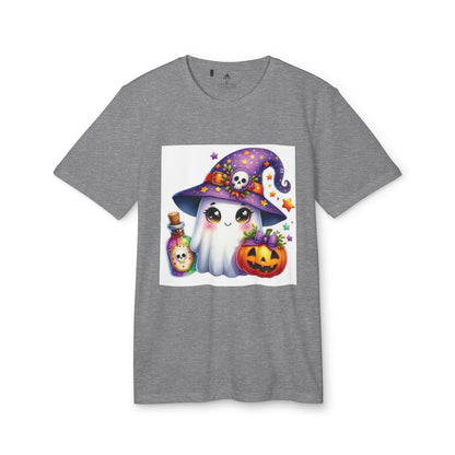 Adidas Unisex Halloween Party Ghost Cute T-shirt in grey featuring a whimsical ghost design with a witch's hat, perfect for elevating your Halloween celebrations.