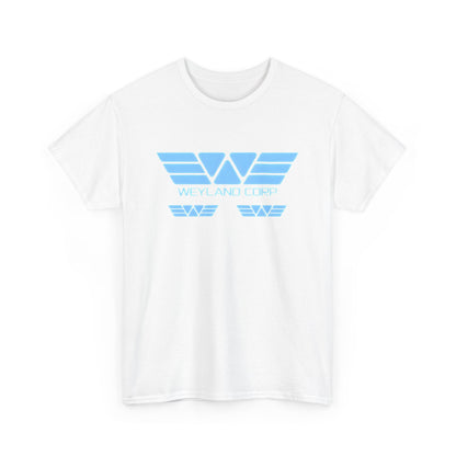 Front view of Weyland Corporation - Alien - Retro Logo Graphic Tee Unisex in white featuring the iconic Weyland logo in a striking blue, perfect for stylish interstellar explorers.