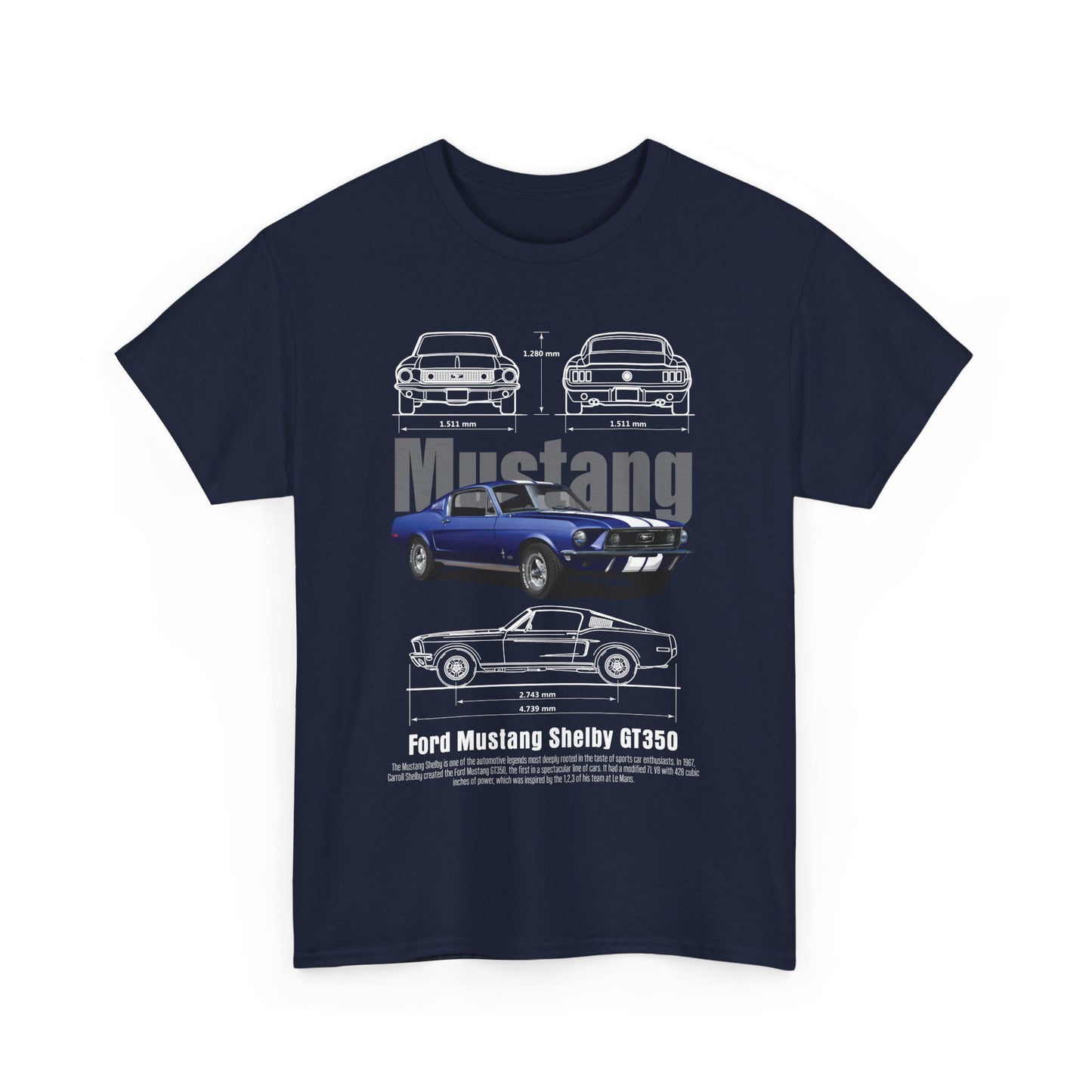 Luxurious navy blue men's T-shirt featuring an artistic graphic design of the iconic Ford Mustang Shelby GT350, showcasing multiple angles, technical specifications, and bold typography, perfect for automotive enthusiasts.