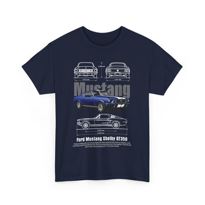 Luxurious navy blue men's T-shirt featuring an artistic graphic design of the iconic Ford Mustang Shelby GT350, showcasing multiple angles, technical specifications, and bold typography, perfect for automotive enthusiasts.