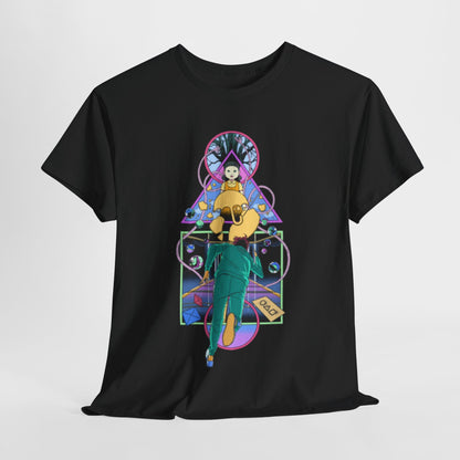 Luxurious black graphic cotton T-shirt featuring vibrant art inspired by a survival game, depicting a character in action, ideal for fashion enthusiasts who appreciate unique and stylish apparel.