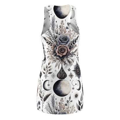 Elegant Designer Racerback Dress for Women shown in back view, featuring a beautiful floral design with moon and star motifs, perfect for summer gatherings.