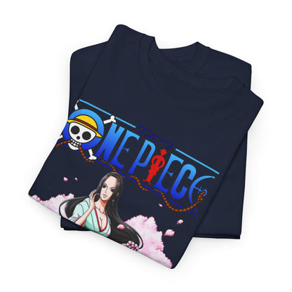 Luxurious navy blue t-shirt featuring a captivating 'One Piece' design with Boa Hancock, adorned in a delicate kimono amidst cherry blossoms, perfect for anime enthusiasts.