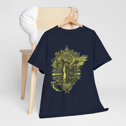 Chic navy t-shirt placed on a chair, decorated with a captivating Grim Reaper motif and floral elements, ideal for a modern gothic aesthetic.