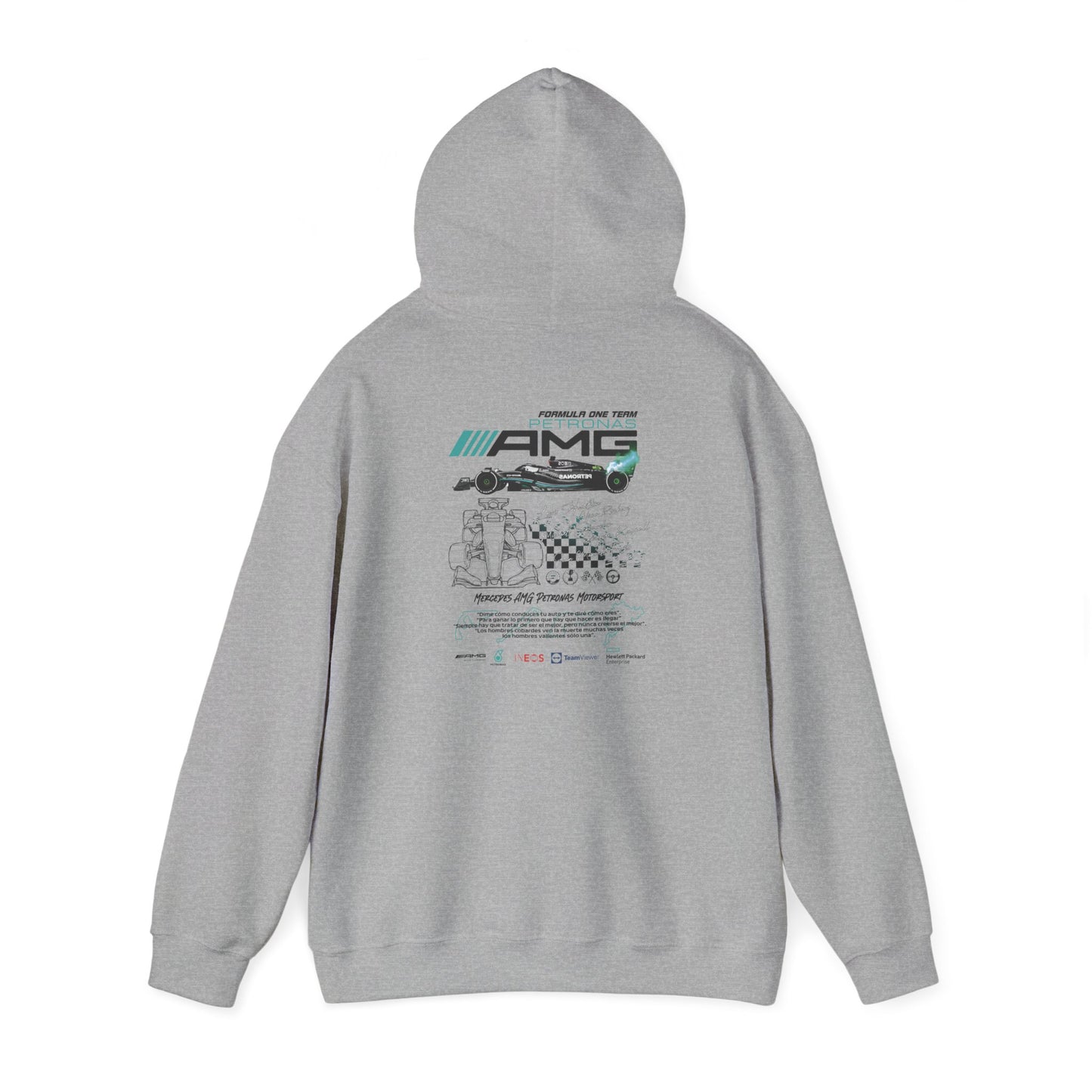 Sophisticated grey hoodie showcasing an intricate Formula One themed design on the back.