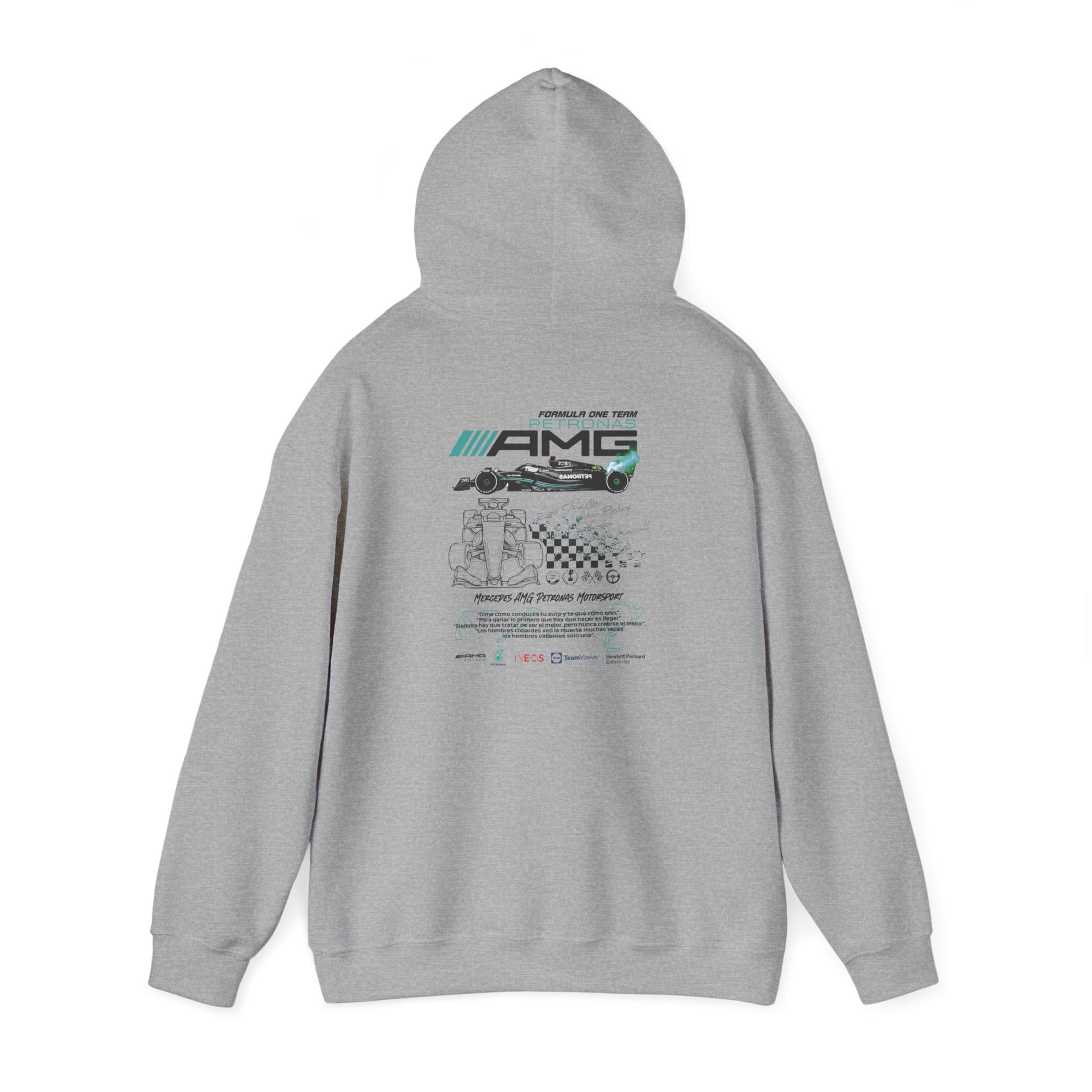 Sophisticated grey hoodie showcasing an intricate Formula One themed design on the back.