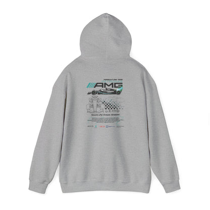 Sophisticated grey hoodie showcasing an intricate Formula One themed design on the back.
