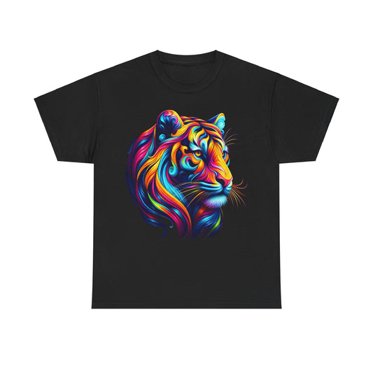 Tiger's Whimsy Graphic Unisex T-Shirt in black, displaying an artistic representation of a tiger's head with vibrant, multicoloured lines, capturing the luxurious essence of the design and enhancing your wardrobe.