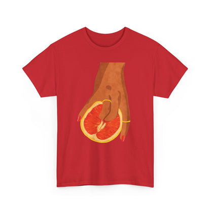 Vibrant Grapefruit Women's Graphic T-Shirt in rich red, featuring an artistic illustration of a hand holding a vibrant grapefruit slice, embodying luxury and contemporary fashion.